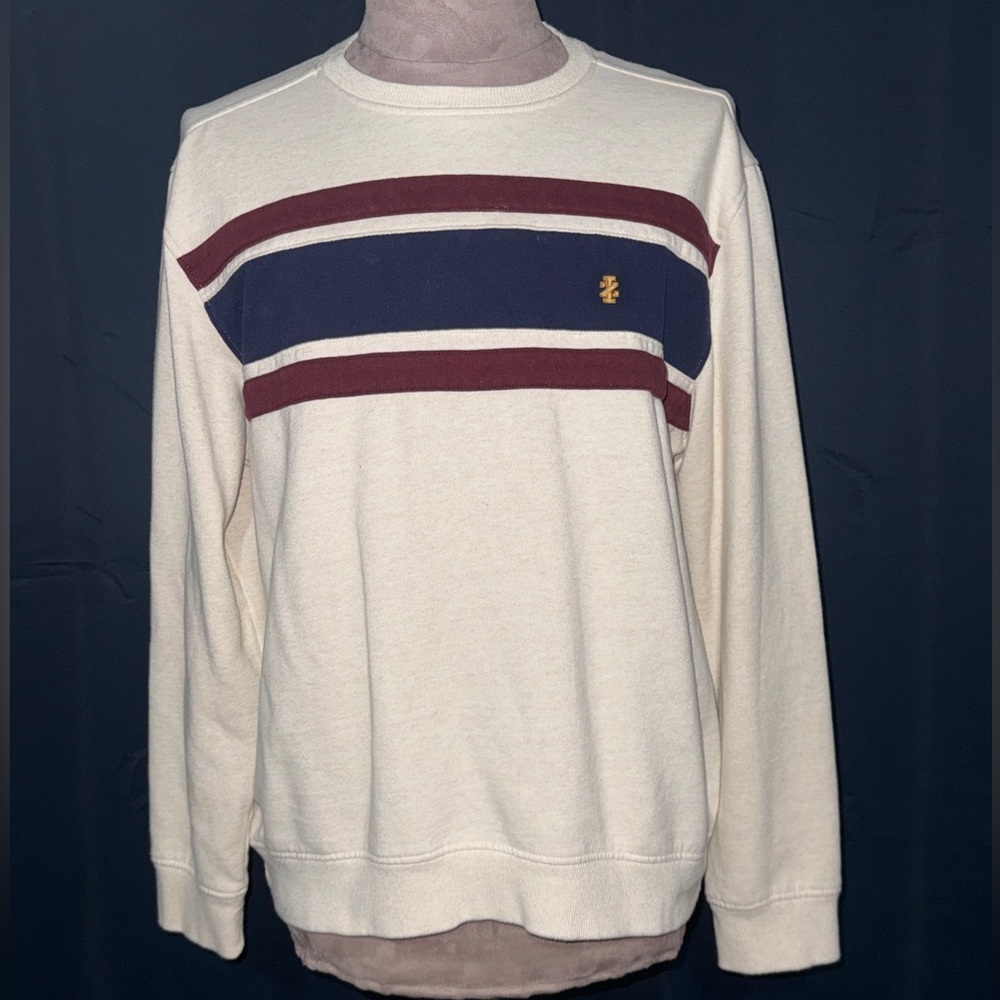 Izod Men's Cream Sweater with Navy and Burgundy Stripes - Picture 2 of 6